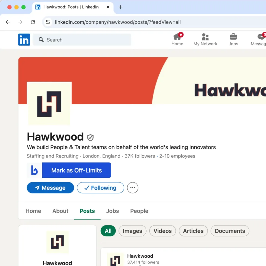 The Mark as Off-Limits button that Bycatch adds to a LinkedIn company page