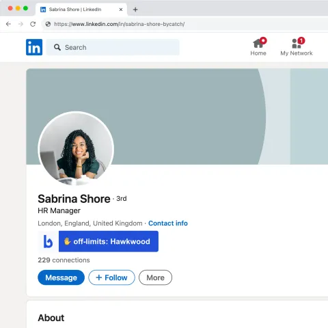 A Bycatch off-limits warning shown on a LinkedIn candidate profile